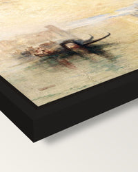 St Benedetto, Venice by Turner framed canvas, corner close-up: a black floating frame with a shadow gap round the canvas