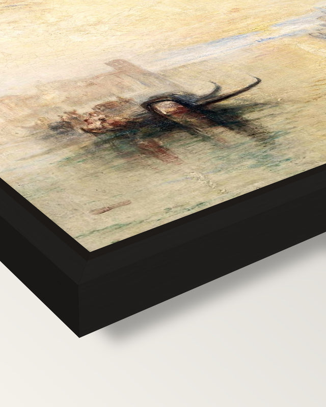 St Benedetto, Venice by Turner framed canvas, corner close-up: a black floating frame with a shadow gap round the canvas