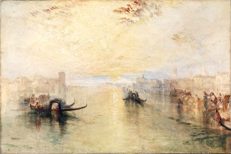 St Benedetto by Turner: black gondolas gliding on pale golden water along a Venetian canal under a hazy sky