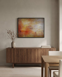Sun Setting over a Lake by J. M. W. Turner in a black frame above a walnut sideboard in a dining room