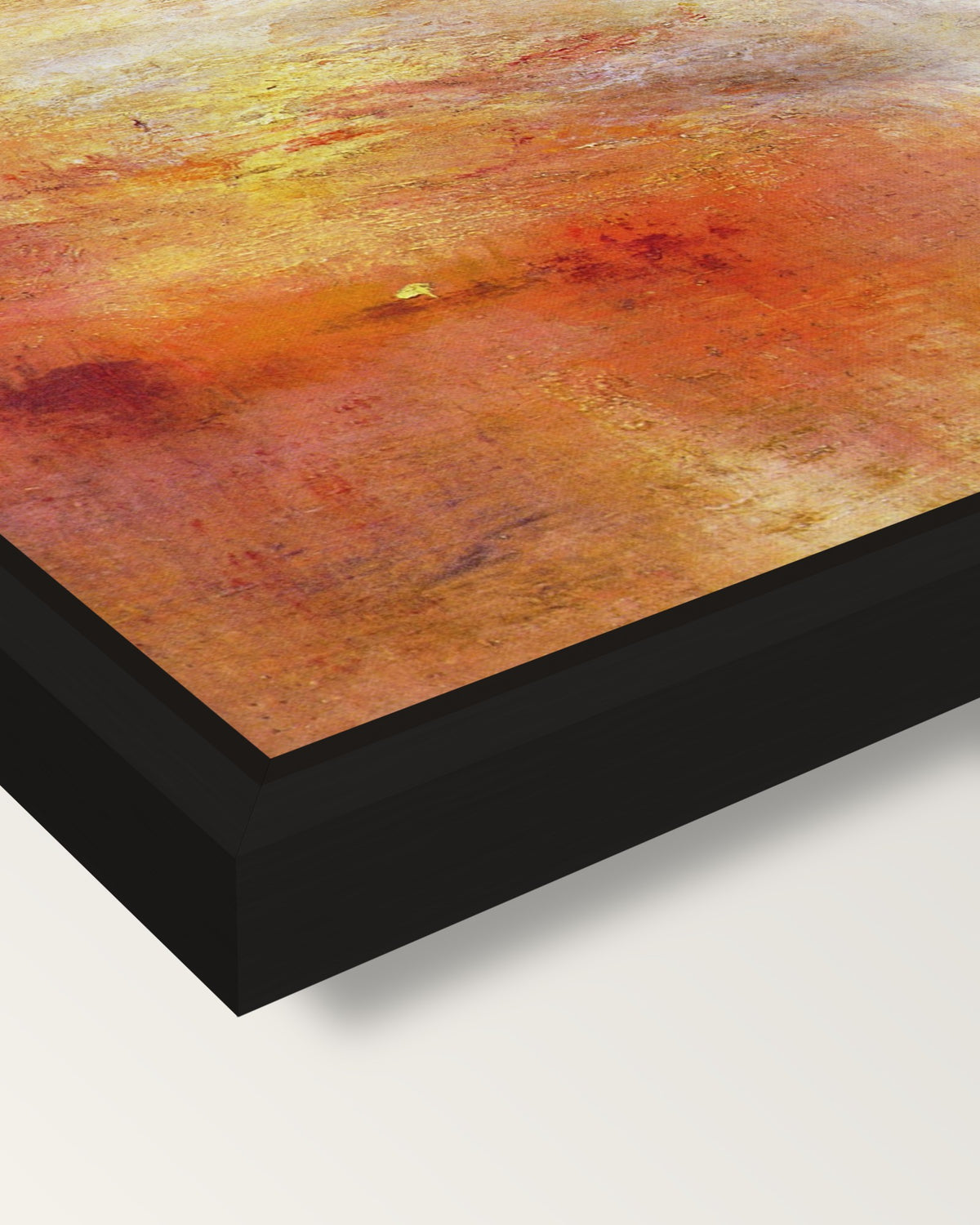 Sun Setting over a Lake by Turner framed canvas, corner close-up: a black floating frame with a shadow gap round the canvas