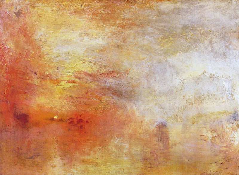 Sun Setting over a Lake by J. M. W. Turner: a blaze of red, orange and gold over pale water, almost abstract
