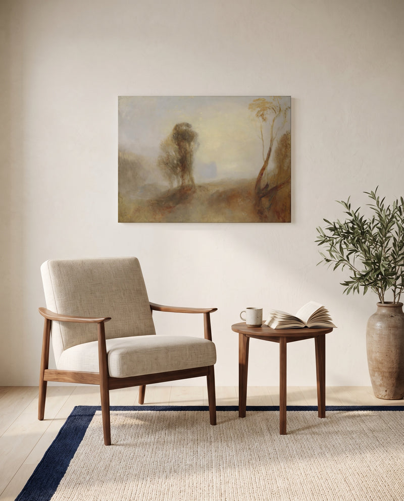 Castle on a Bay: Solitude by J. M. W. Turner as a stretched canvas above a linen lounge chair in a reading corner