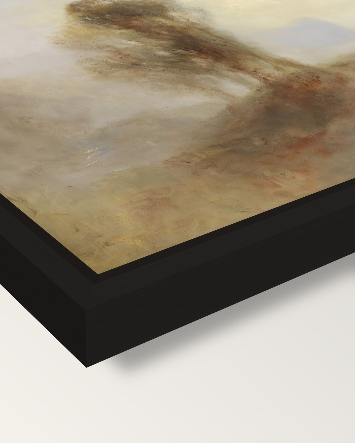 Castle on a Bay: Solitude by Turner framed canvas, corner close-up: a black floating frame with a shadow gap round the canvas