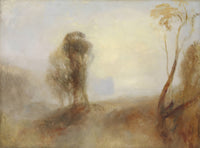 Sunrise, a Castle on a Bay by J. M. W. Turner: feathery trees on a hill against a pale golden sunrise, a faint castle beyond