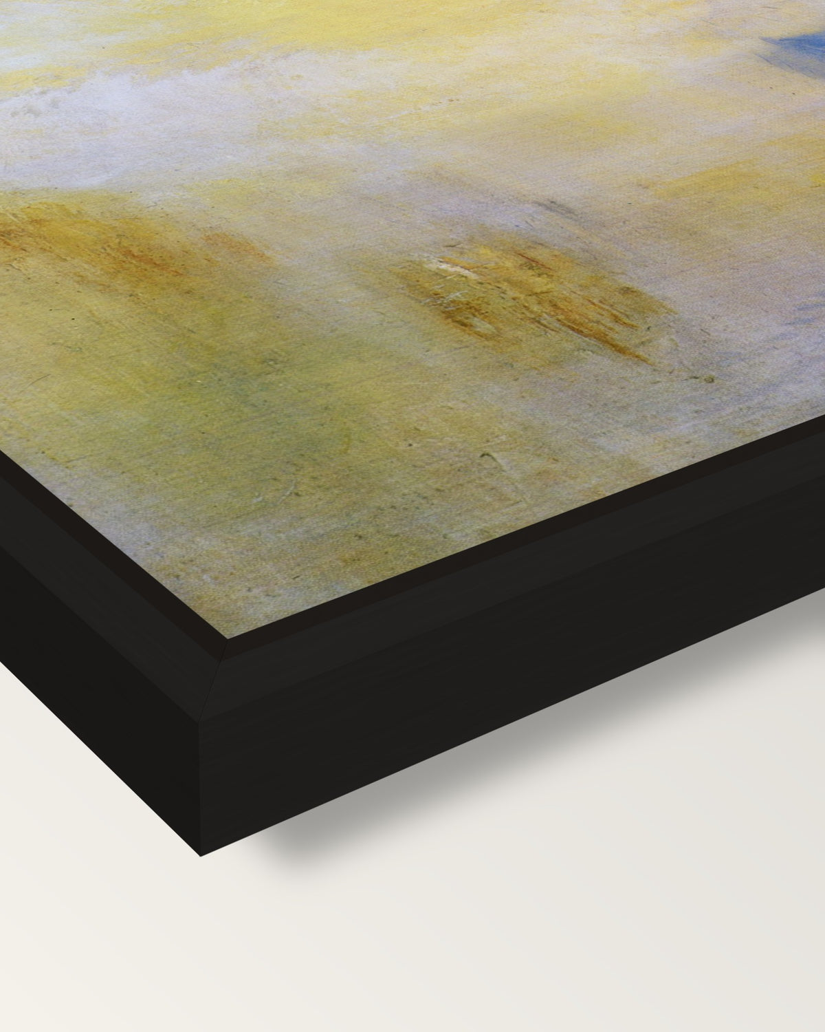 Boat between Headlands by Turner framed canvas, corner close-up: a black floating frame with a shadow gap round the canvas