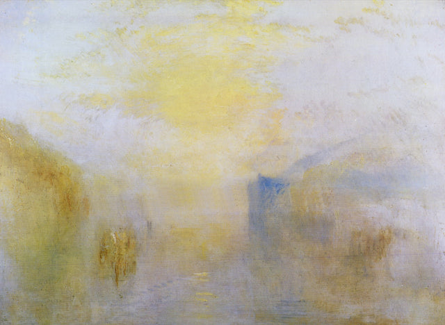 Sunrise, with a Boat between Headlands by J. M. W. Turner: a soft golden sunrise over pale water between two dim headlands