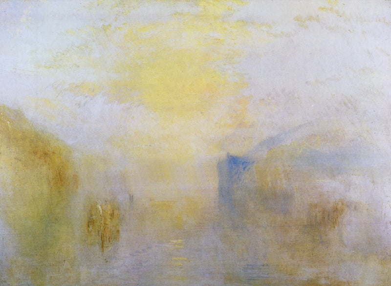 Sunrise, with a Boat between Headlands by J. M. W. Turner: a soft golden sunrise over pale water between two dim headlands