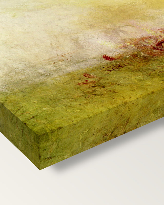 Sunrise with Sea Monsters by Turner on stretched canvas, corner close-up: the painting mirror-wrapped round the sides