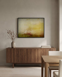 Sunrise with Sea Monsters by J. M. W. Turner in a black frame above a walnut sideboard in a dining room
