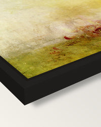 Sunrise with Sea Monsters by Turner framed canvas, corner close-up: a black floating frame with a shadow gap round the canvas