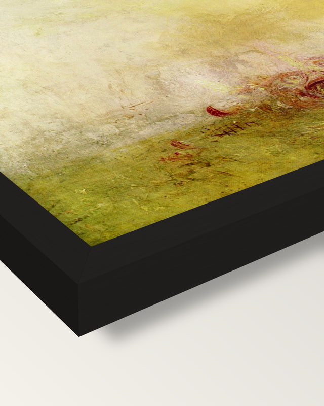 Sunrise with Sea Monsters by Turner framed print, corner close-up: black moulding, mitred, the print set just below its edge