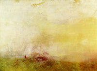 Sunrise with Sea Monsters by J. M. W. Turner: a hazy golden sunrise over a misty sea, pink and red swirls in the water