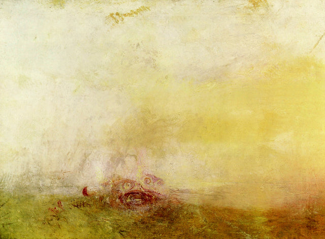 Sunrise with Sea Monsters by J. M. W. Turner: a hazy golden sunrise over a misty sea, pink and red swirls in the water