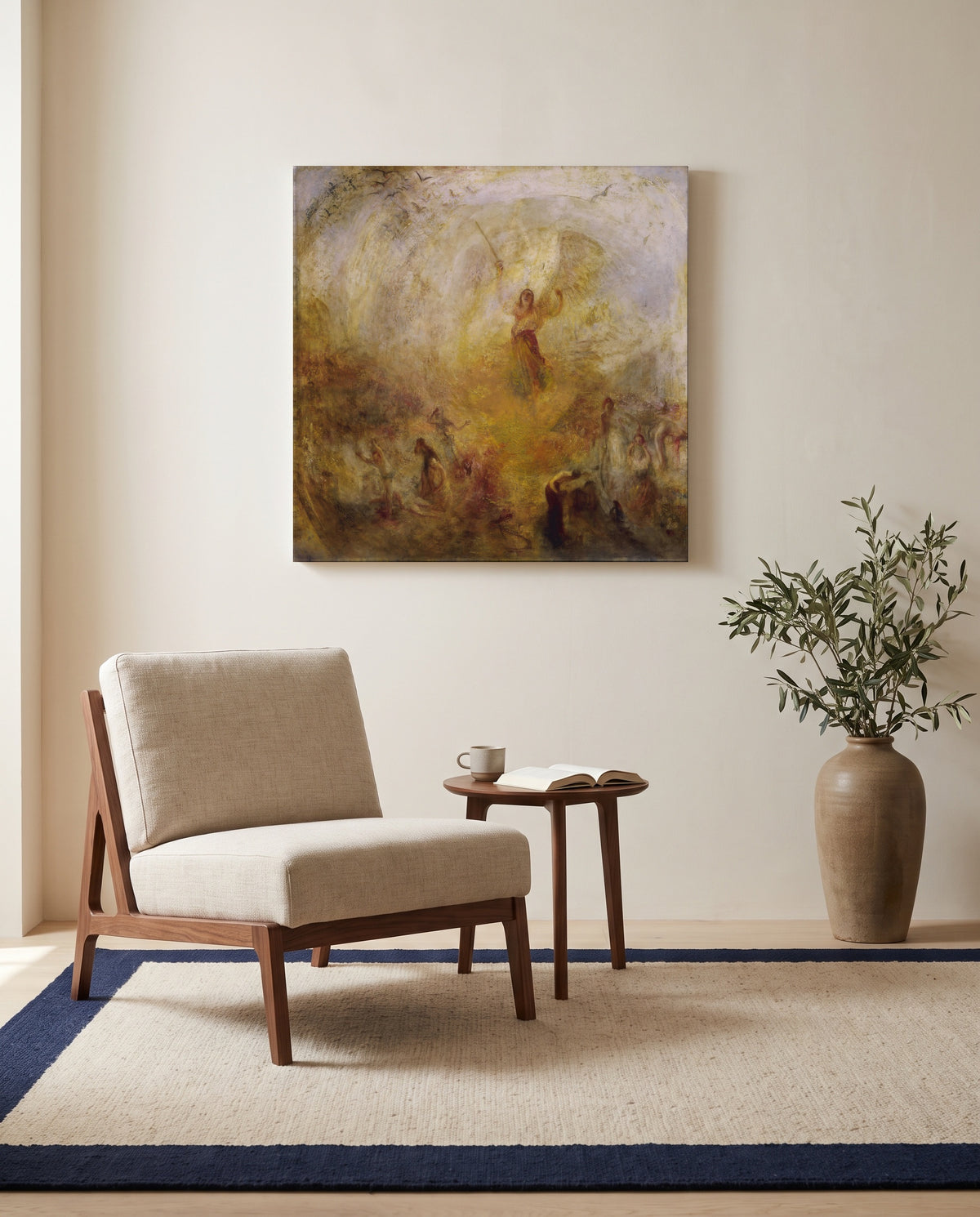 The Angel Standing in the Sun by J. M. W. Turner as a stretched canvas above a linen lounge chair in a reading corner
