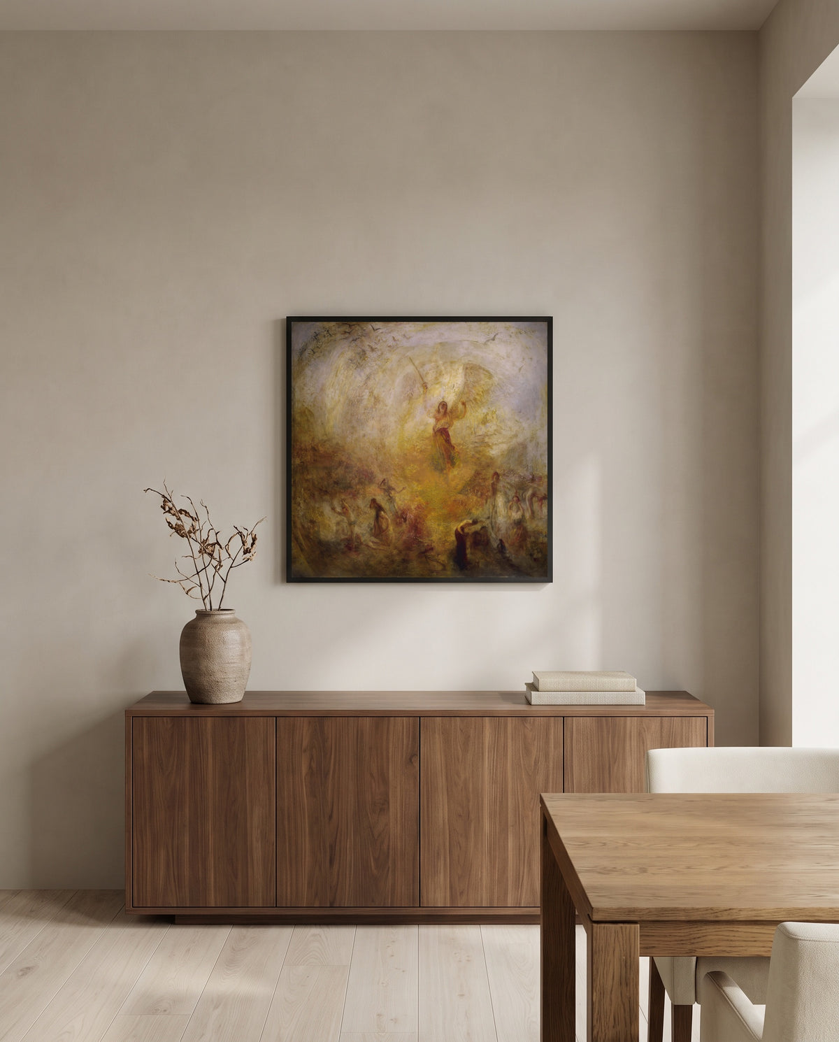 The Angel Standing in the Sun by J. M. W. Turner in a black frame above a walnut sideboard in a dining room
