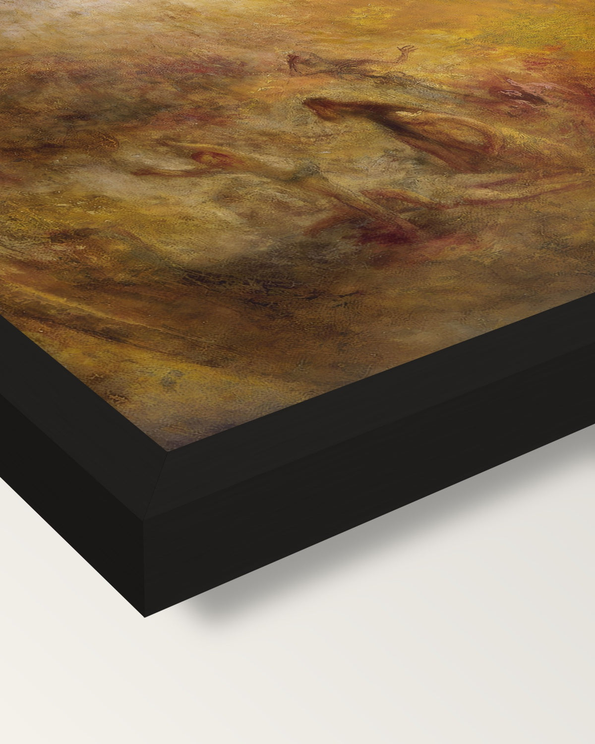 The Angel Standing in the Sun framed print, corner close-up: black moulding, mitred, the print set just below its edge