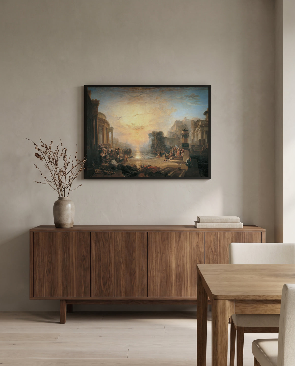 Decline of Carthage by J. M. W. Turner in a black frame above a walnut sideboard in a dining room