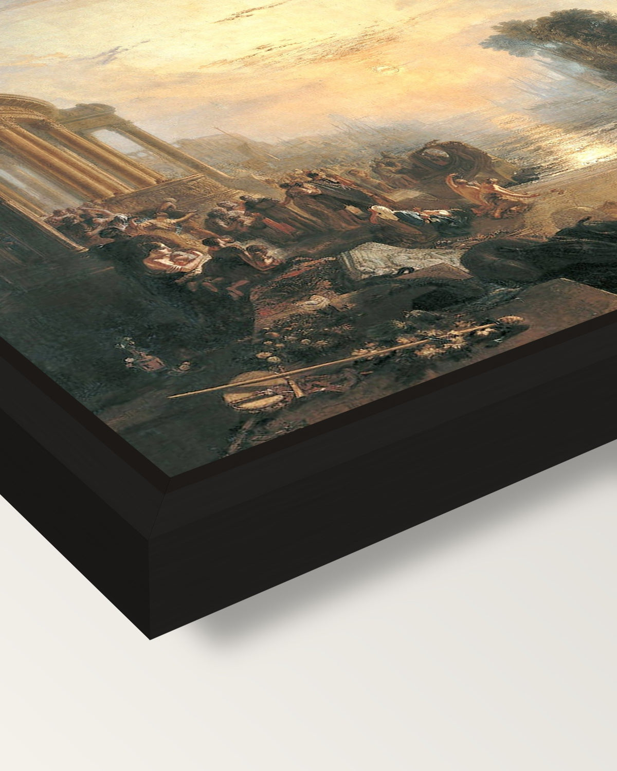 Decline of Carthage by Turner framed canvas, corner close-up: a black floating frame with a shadow gap round the canvas
