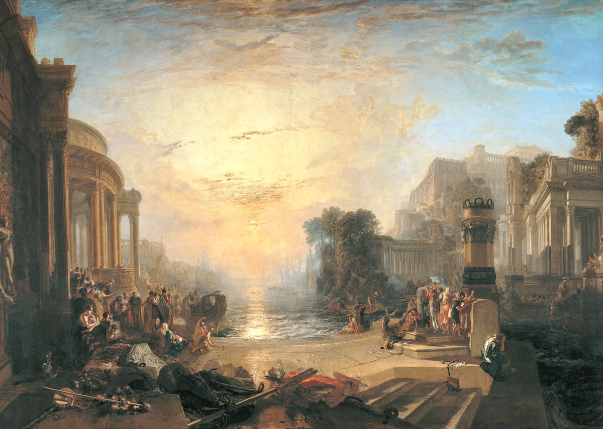 The Decline of the Carthaginian Empire by Turner: a classical harbour of temples at sunset, crowds of figures on the steps