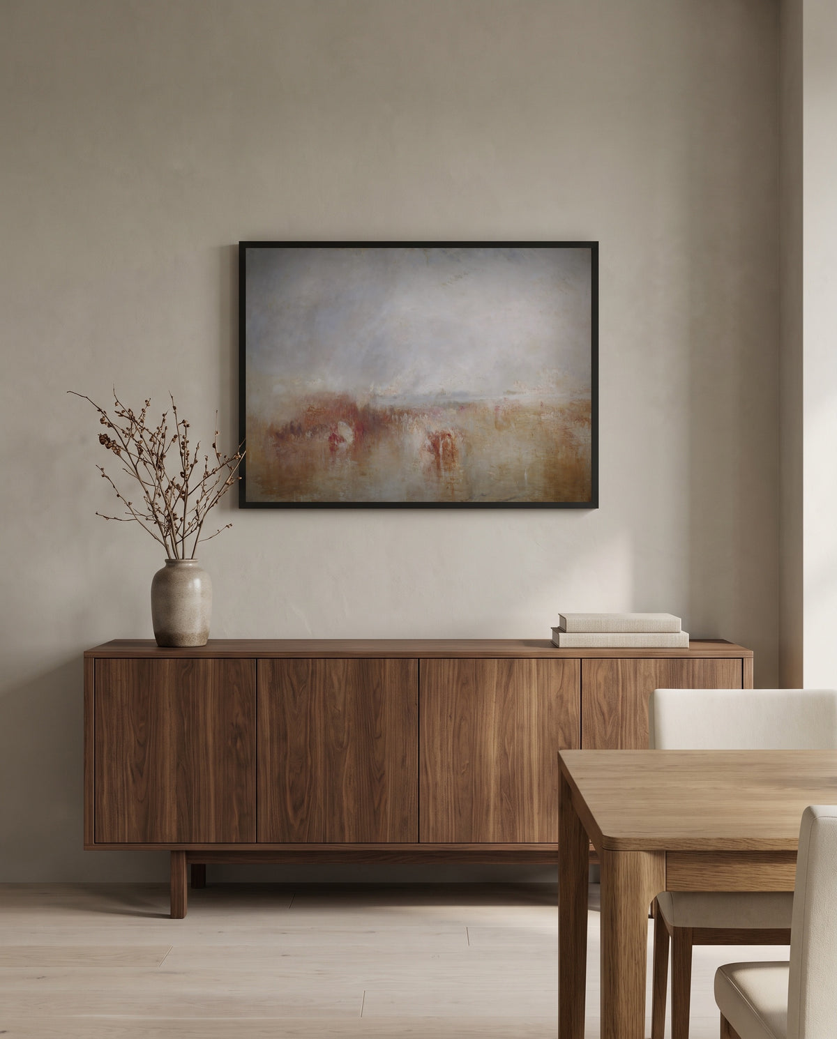 Louis-Philippe at Gosport by J. M. W. Turner in a black frame above a walnut sideboard in a dining room