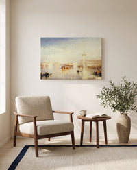 The Dogana, Venice by J. M. W. Turner as a stretched canvas above a linen lounge chair in a reading corner