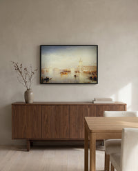 The Dogana, Venice by J. M. W. Turner in a black frame above a walnut sideboard in a dining room