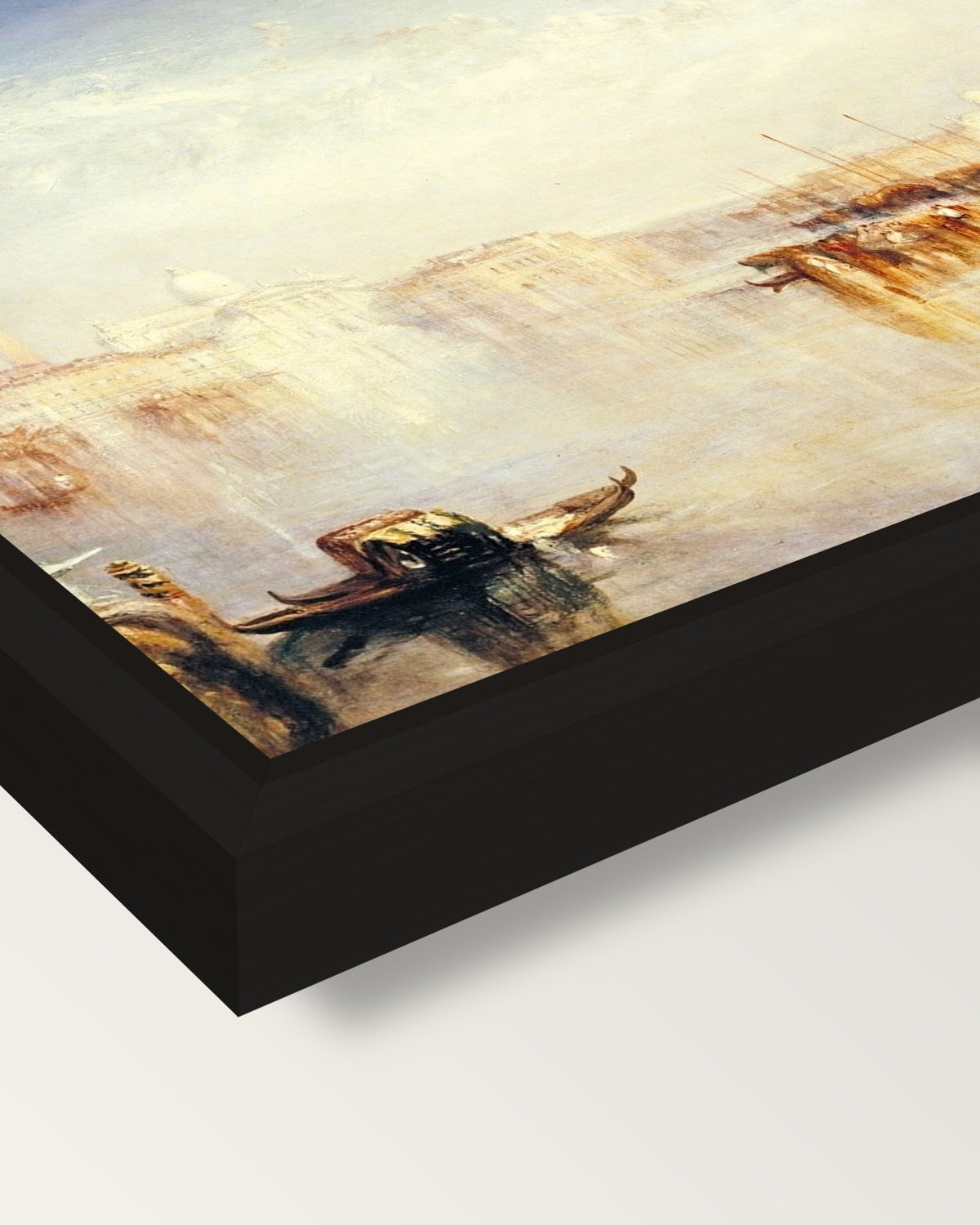 The Dogana, Venice by Turner framed canvas, corner close-up: a black floating frame with a shadow gap round the canvas