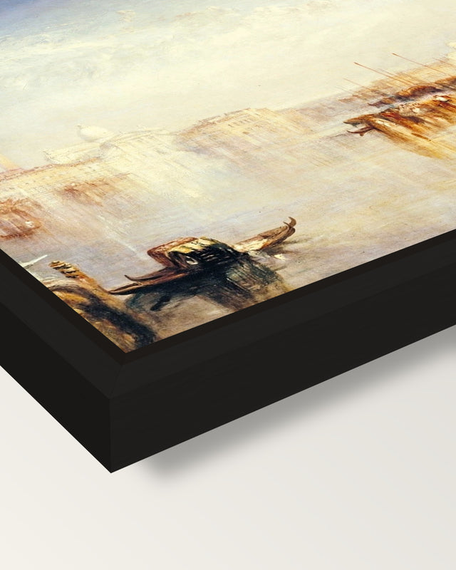 The Dogana, Venice by Turner framed canvas, corner close-up: a black floating frame with a shadow gap round the canvas