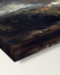The Fifth Plague of Egypt by Turner on stretched canvas, corner close-up: the painting mirror-wrapped round the sides