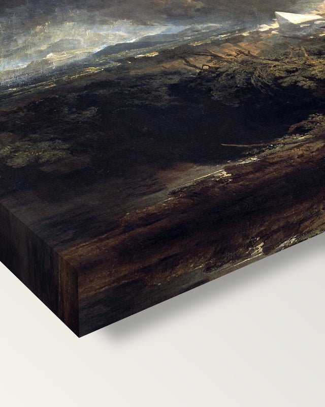 The Fifth Plague of Egypt by Turner on stretched canvas, corner close-up: the painting mirror-wrapped round the sides