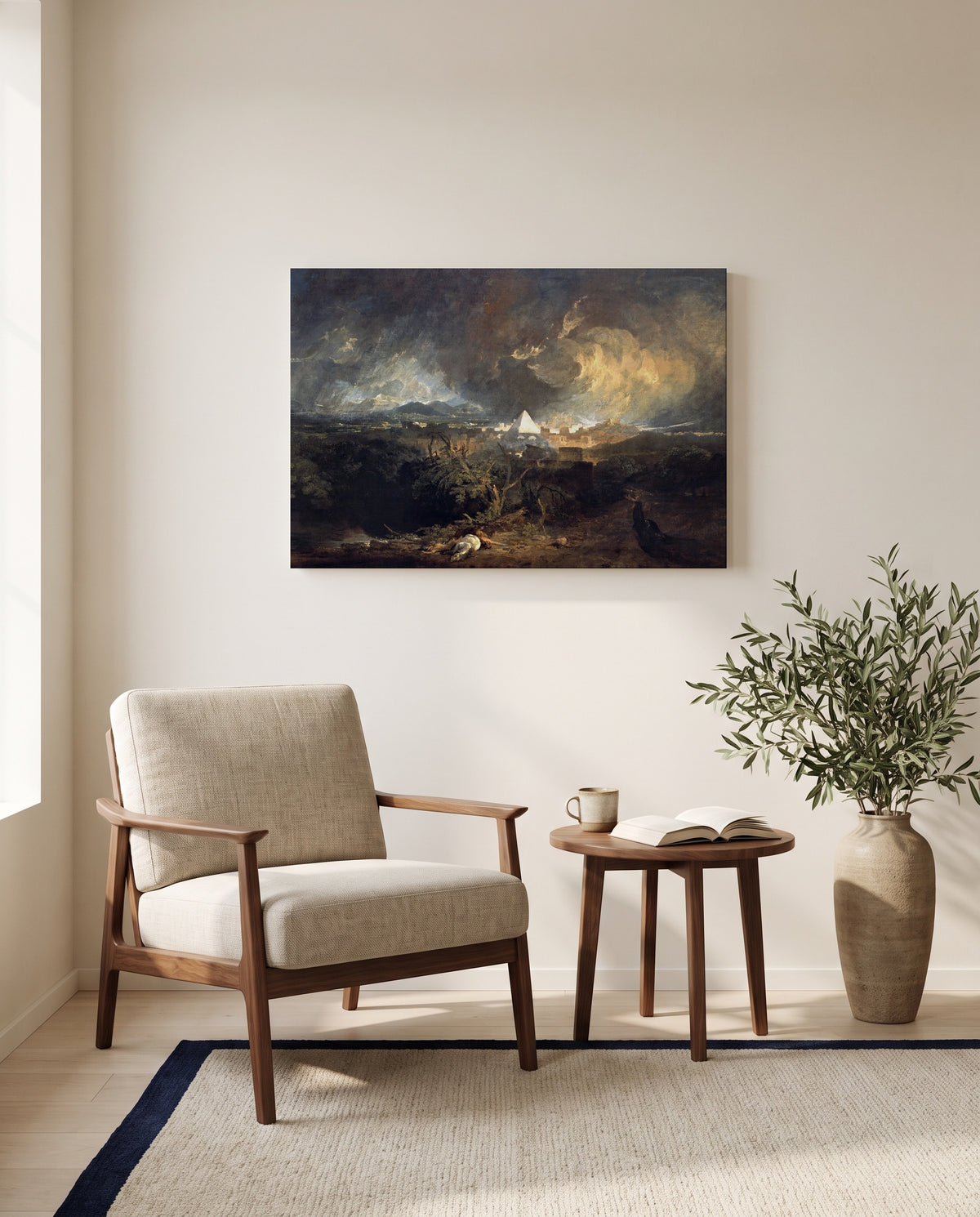 The Fifth Plague of Egypt by J. M. W. Turner as a stretched canvas above a linen lounge chair in a reading corner