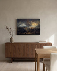 The Fifth Plague of Egypt by J. M. W. Turner in a black frame above a walnut sideboard in a dining room