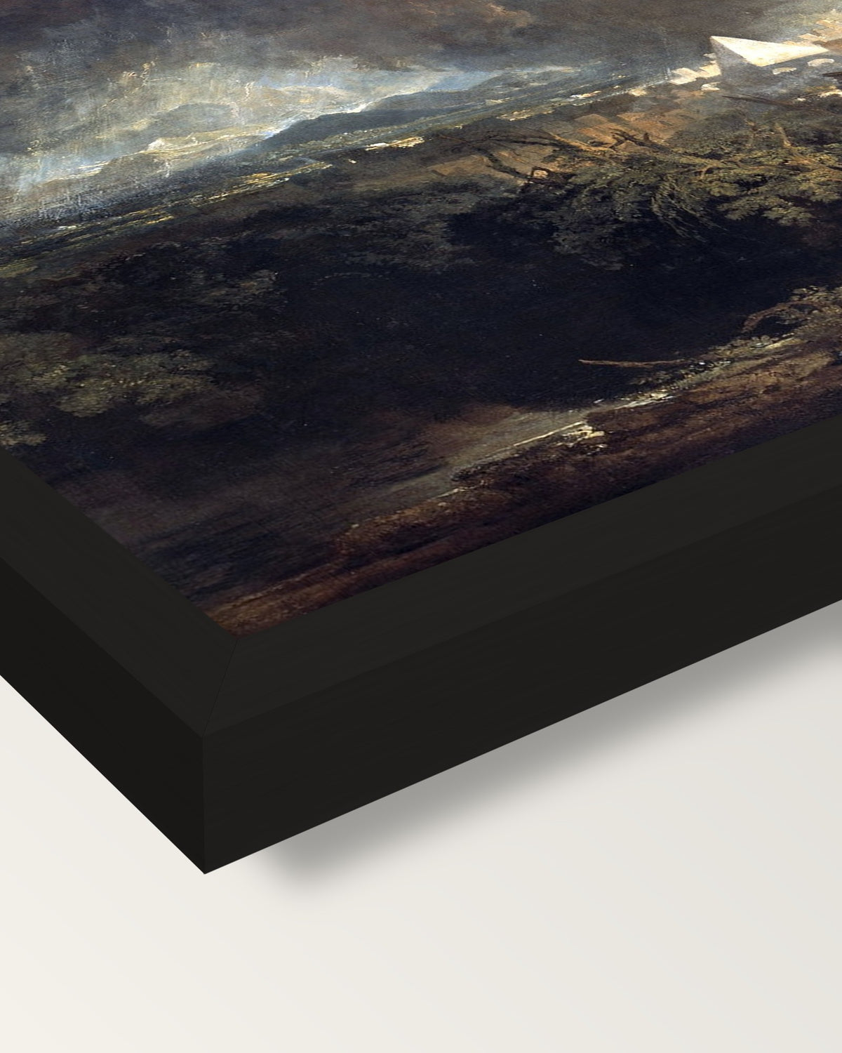 The Fifth Plague of Egypt by Turner framed print, corner close-up: black moulding, mitred, the print set just below its edge
