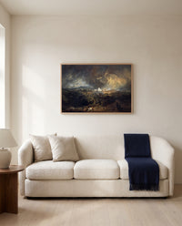 The Fifth Plague of Egypt by J. M. W. Turner framed in natural oak above a cream sofa in a warm living room