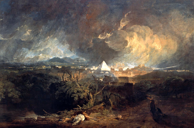 The Fifth Plague of Egypt by Turner: a storm of hail and fire over a dark plain and a white pyramid
