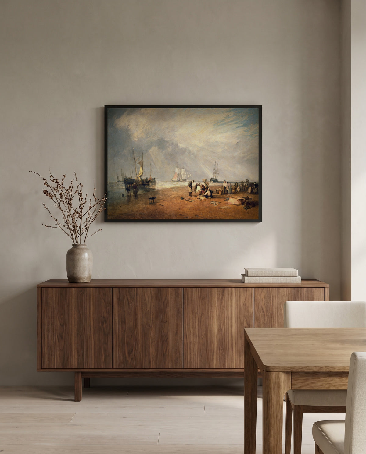 Fish Market at Hastings by J. M. W. Turner in a black frame above a walnut sideboard in a dining room