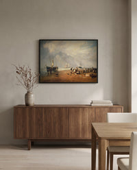 Fish Market at Hastings by J. M. W. Turner in a black frame above a walnut sideboard in a dining room