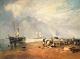 The Fish Market at Hastings Beach by Turner: fishermen and baskets on the sand, sailing ships offshore and a tall bright sky
