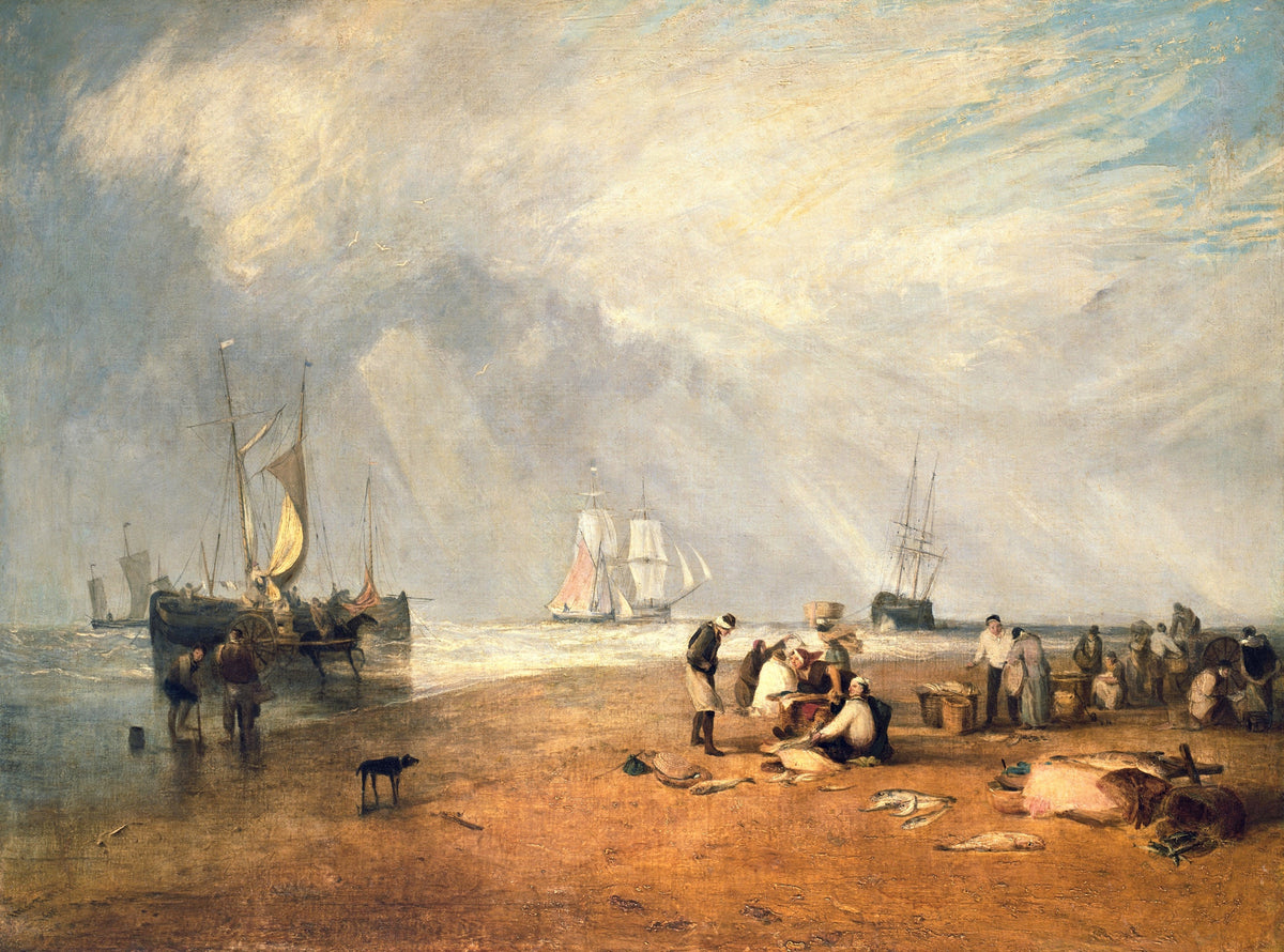 The Fish Market at Hastings Beach by Turner: fishermen and baskets on the sand, sailing ships offshore and a tall bright sky