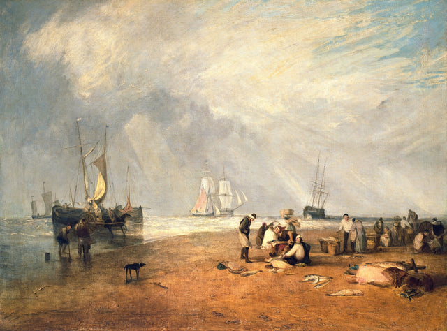 The Fish Market at Hastings Beach by Turner: fishermen and baskets on the sand, sailing ships offshore and a tall bright sky