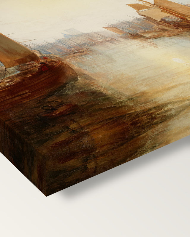 The Harbour of Dieppe by J. M. W. Turner on stretched canvas, corner close-up: the painting mirror-wrapped round the sides