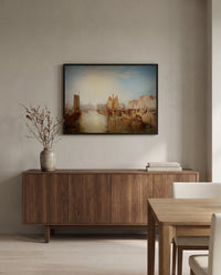 The Harbour of Dieppe by J. M. W. Turner in a black frame above a walnut sideboard in a dining room
