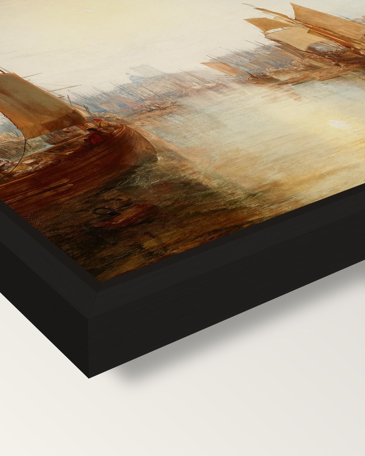The Harbour of Dieppe by Turner framed canvas, corner close-up: a black floating frame with a shadow gap round the canvas
