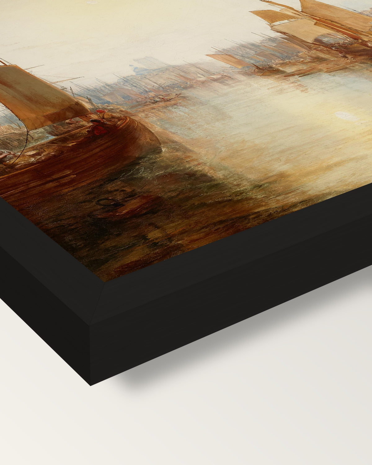 The Harbour of Dieppe by Turner framed print, corner close-up: black moulding, mitred, the print set just below its edge