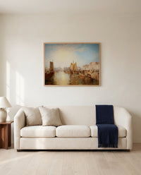 The Harbour of Dieppe by J. M. W. Turner framed in natural oak above a cream sofa in a warm living room