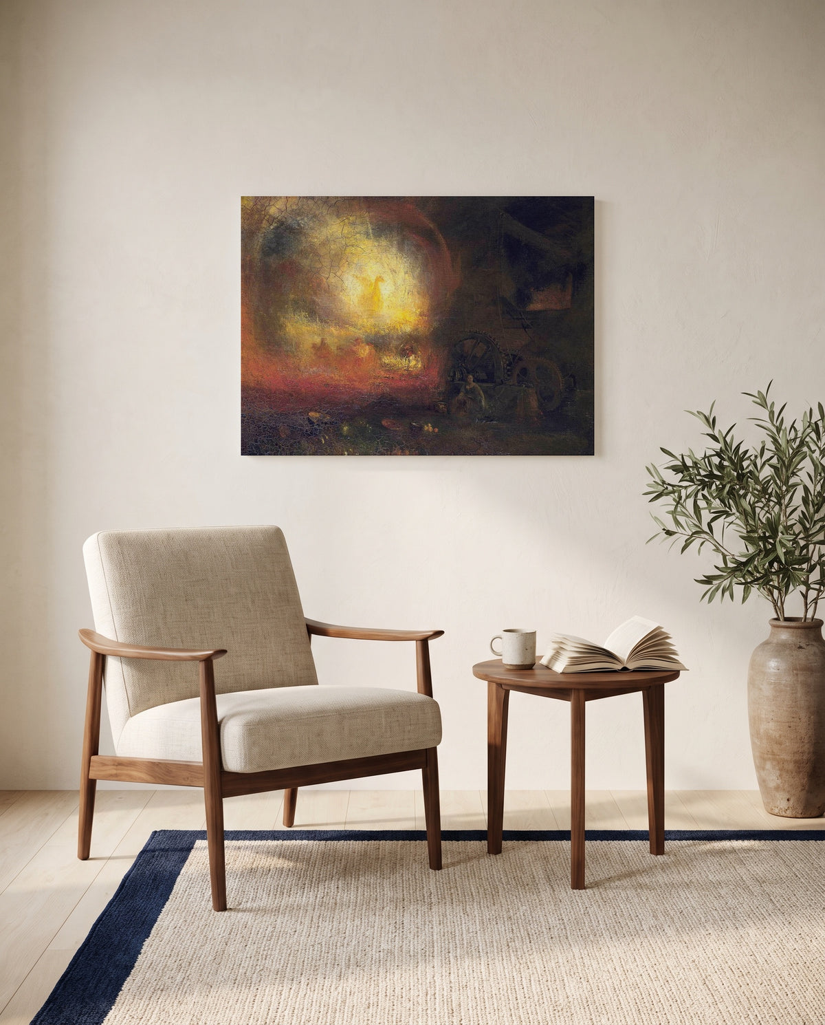 Hero of a Hundred Fights by J. M. W. Turner as a stretched canvas above a linen lounge chair in a reading corner