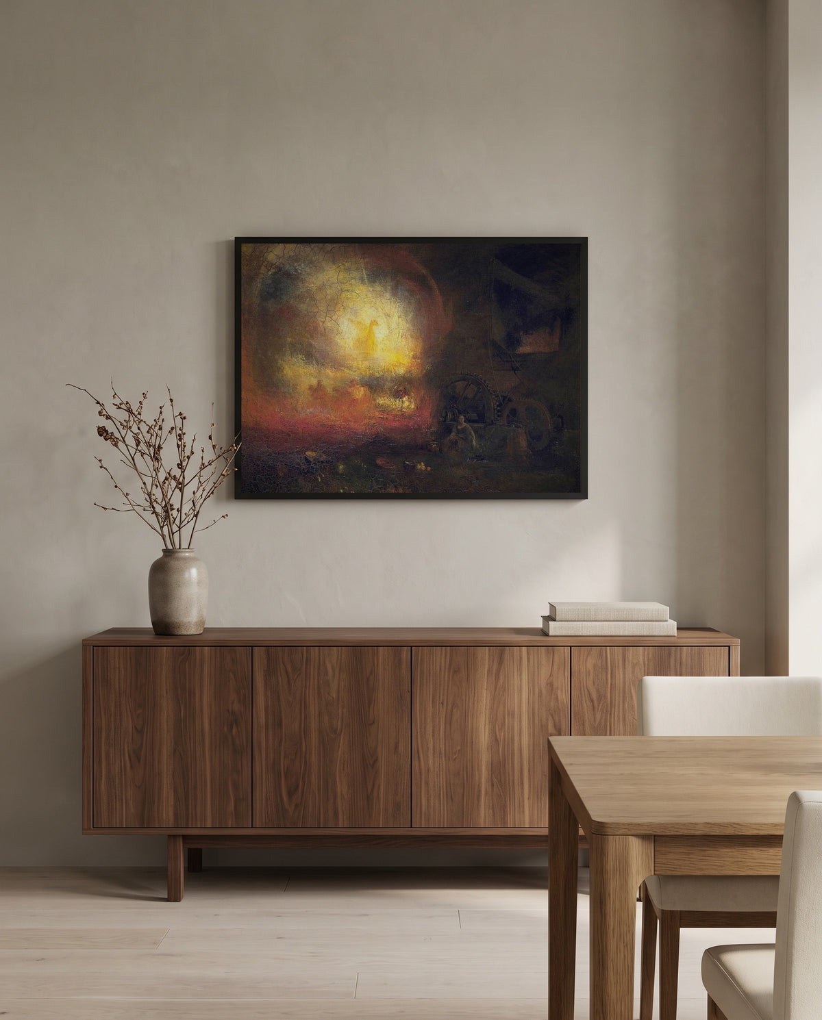 Hero of a Hundred Fights by J. M. W. Turner in a black frame above a walnut sideboard in a dining room