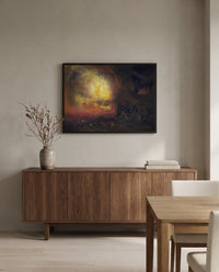 Hero of a Hundred Fights by J. M. W. Turner in a black frame above a walnut sideboard in a dining room
