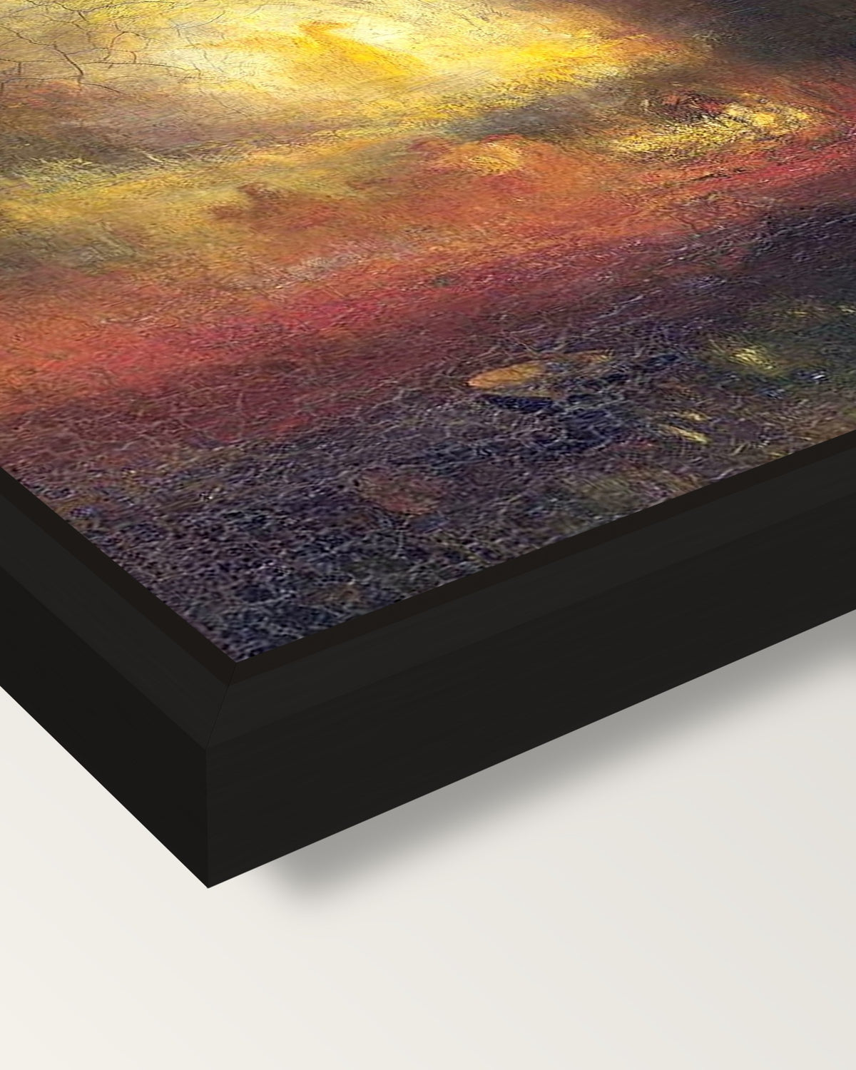 Hero of a Hundred Fights by Turner framed canvas, corner close-up: a black floating frame with a shadow gap round the canvas